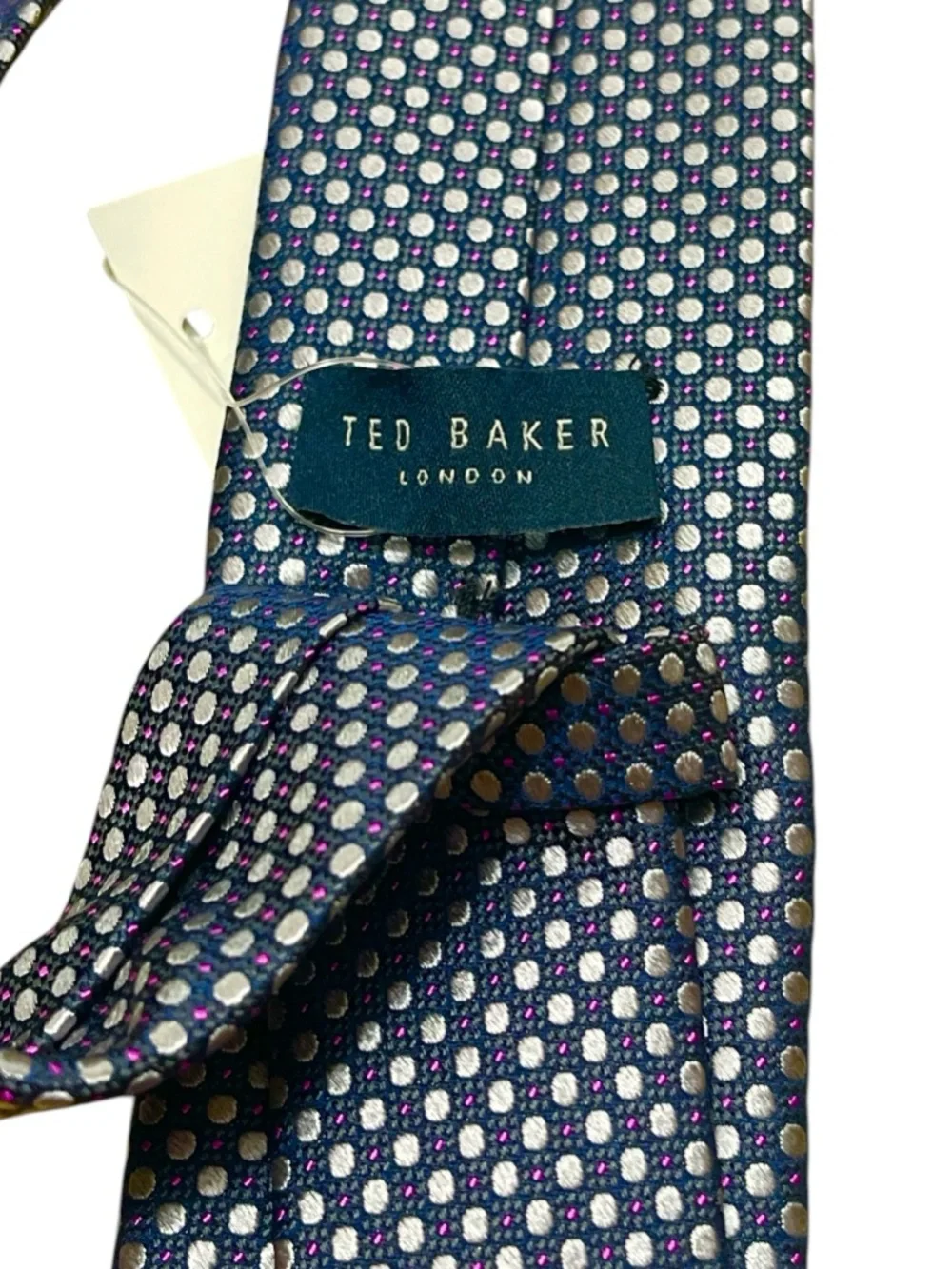 Ted Baker Navy Silk Skinny Tie with Silver and Purple Dot Pattern